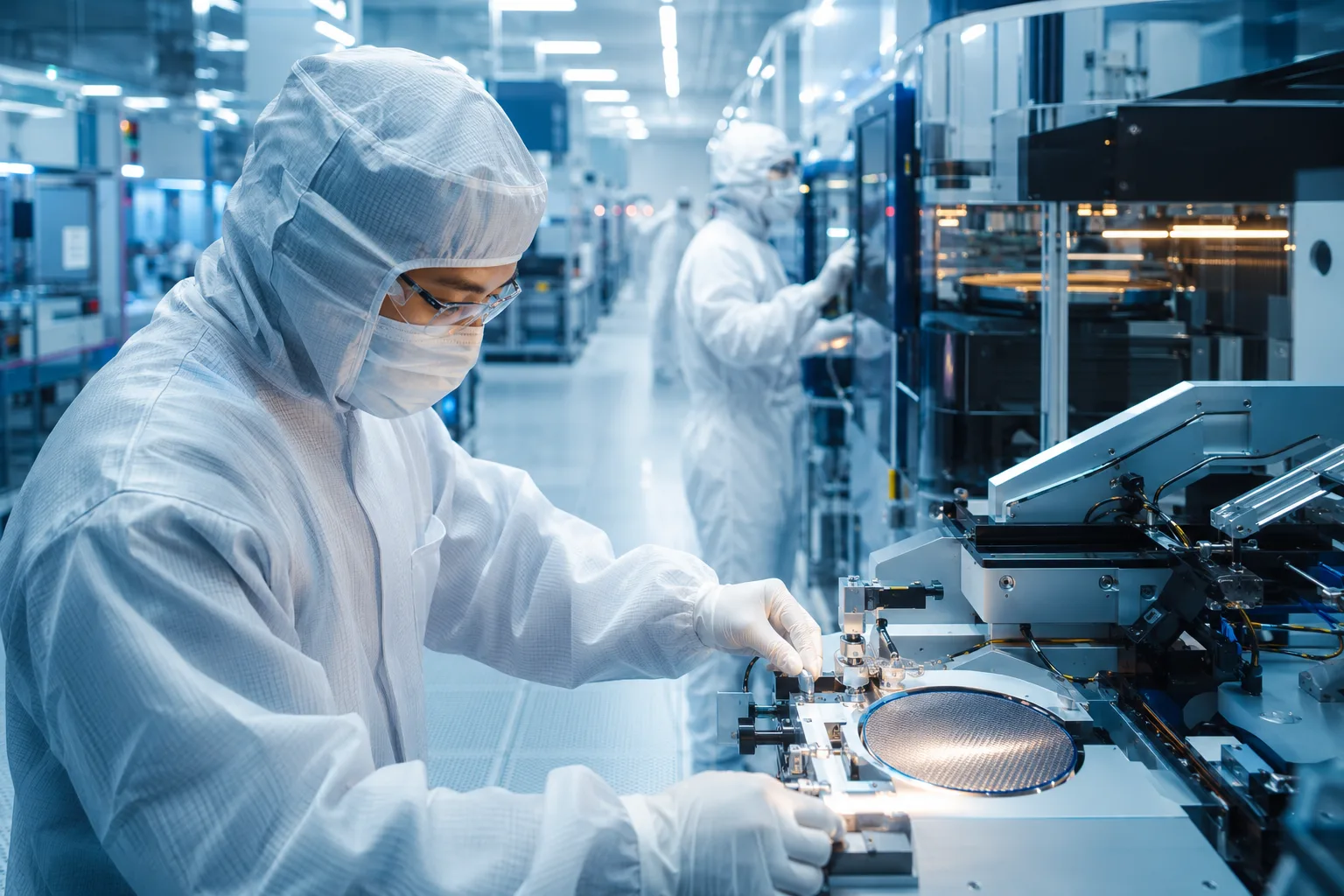 Gowned semiconductor fab technicians operating precision wafer-processing equipment on a cleanroom production floor