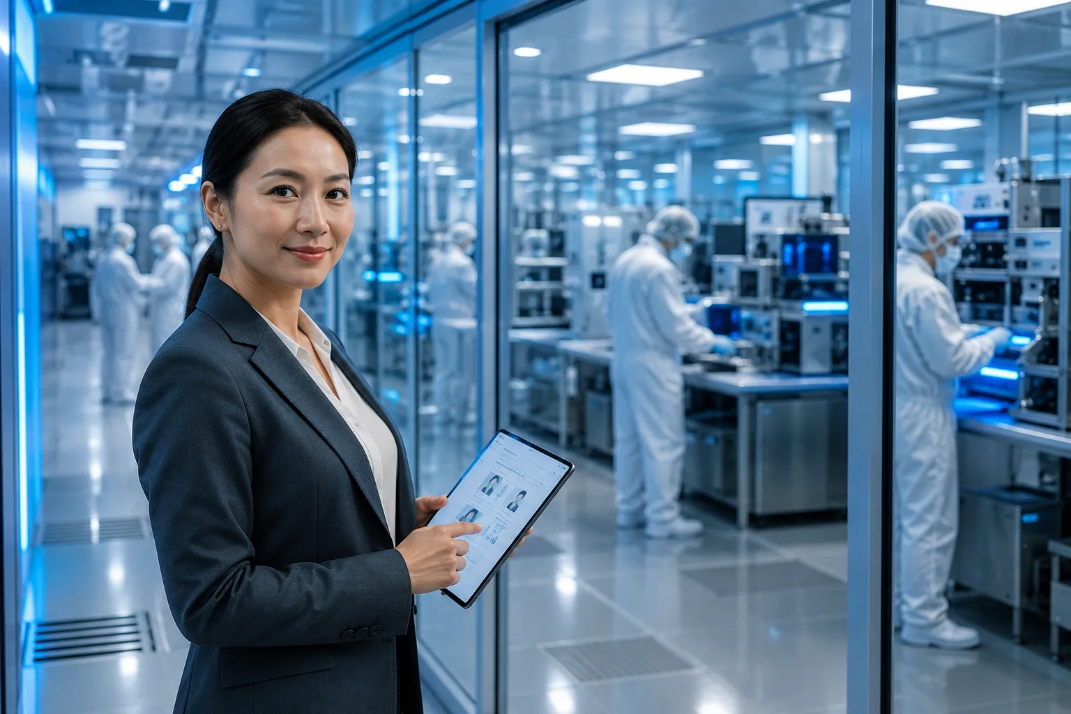 HR professional reviewing hiring data outside a semiconductor cleanroom where technicians work, representing specialized staffing partnership
