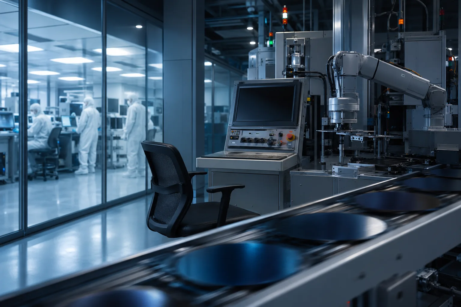 Empty workstation in a semiconductor cleanroom illustrating the business cost of a vacant technical role