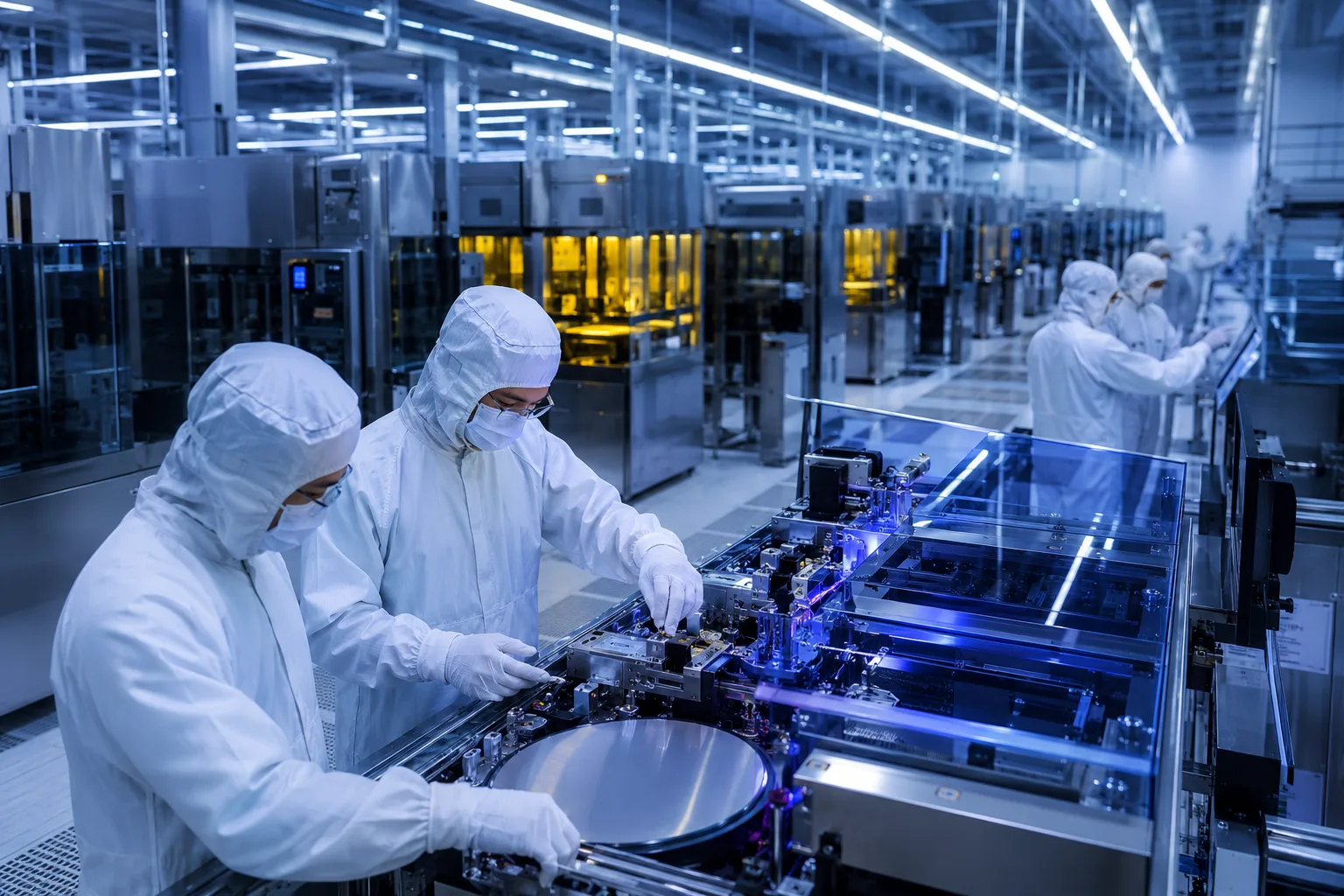 Cleanroom technicians in bunny suits working among advanced semiconductor fabrication equipment, illustrating the scale of the industry's growing workforce demand