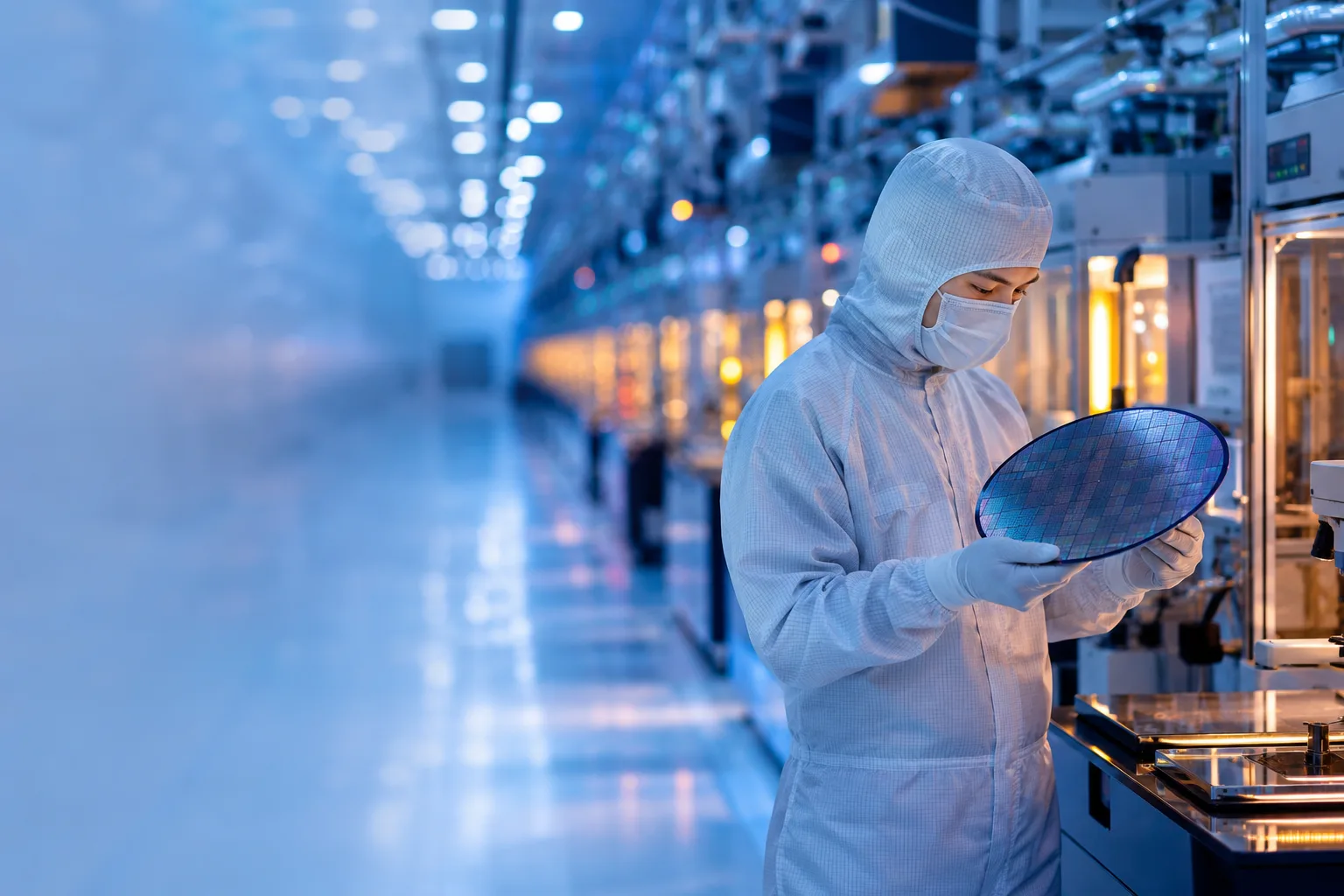 Technician in cleanroom bunny suit inspecting a silicon wafer inside a modern semiconductor fabrication facility, symbolizing industry talent and workforce demand.