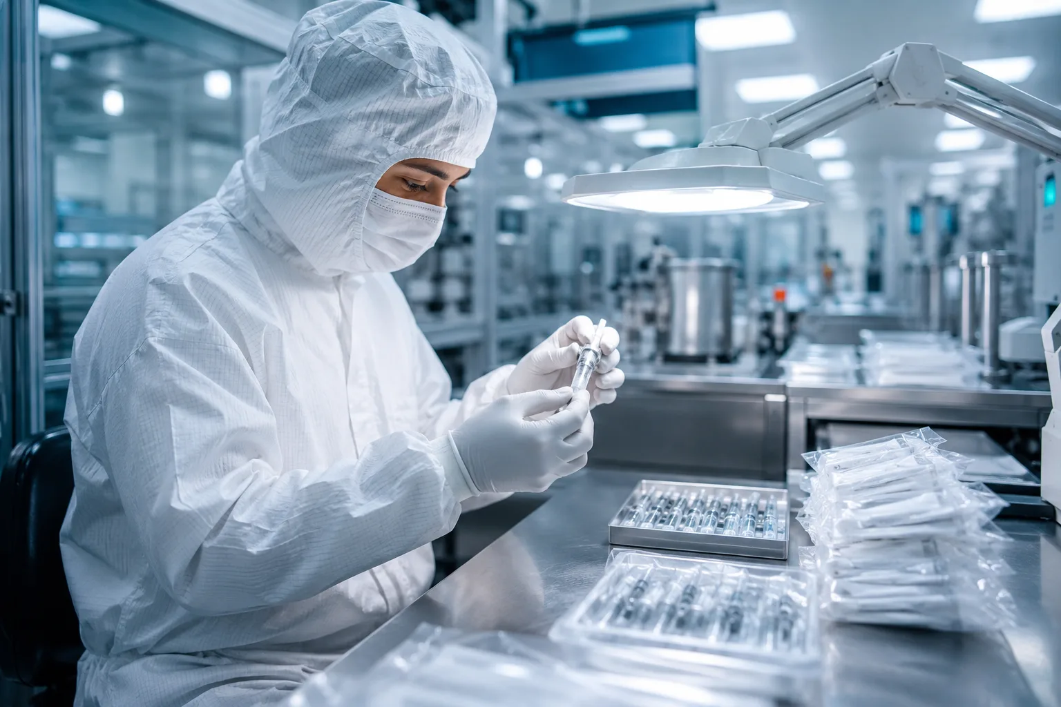 Skilled cleanroom operator inspecting components reflects why a medical device staffing agency must vet for GMP-ready talent