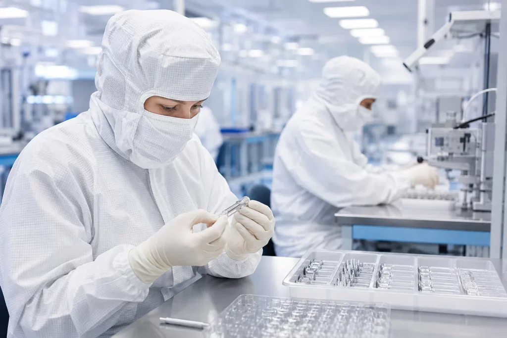 Skilled technicians on a cleanroom production line reflect the staffing strategies medical device contract manufacturers rely on to scale compliant operations
