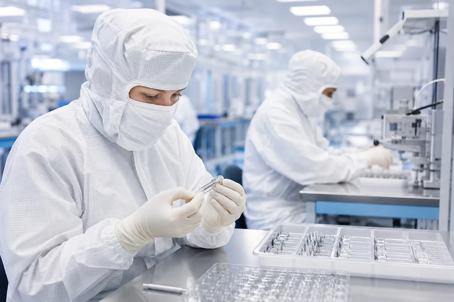 Skilled technicians on a cleanroom production line reflect the staffing strategies medical device contract manufacturers rely on to scale compliant operations