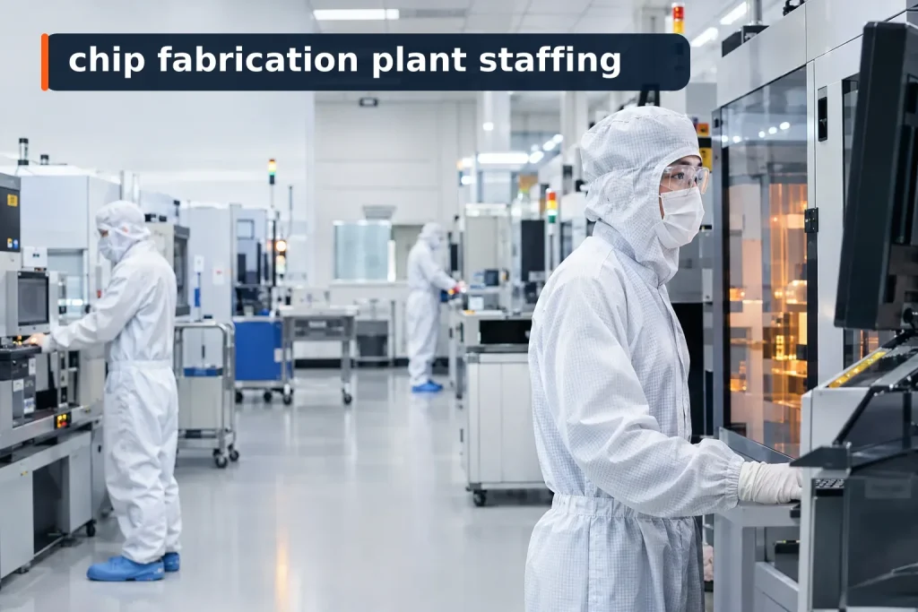 chip fabrication plant staffing: Technicians working in a semiconductor chip fabrication cleanroom