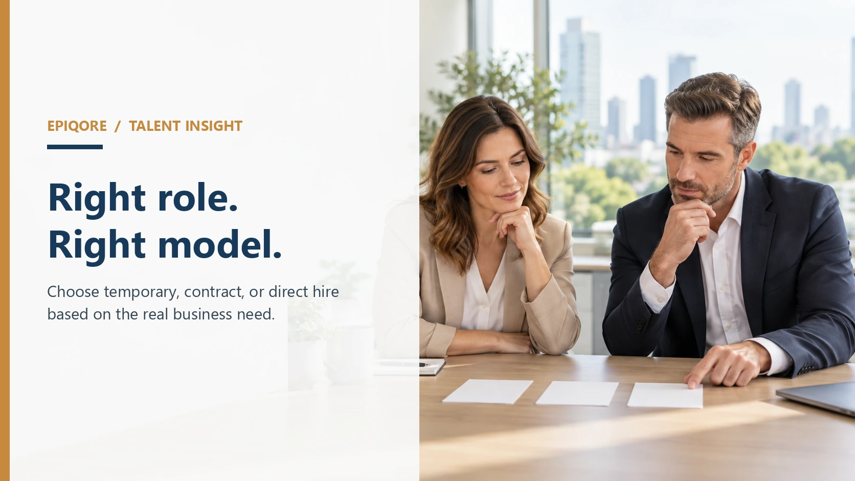 Hiring leaders comparing three staffing approaches for an open role
