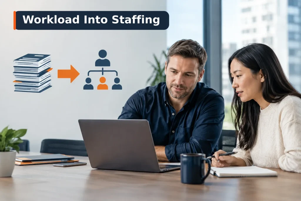 workforce demand forecasting: Illustration showing workload data flowing into a staffing plan structure