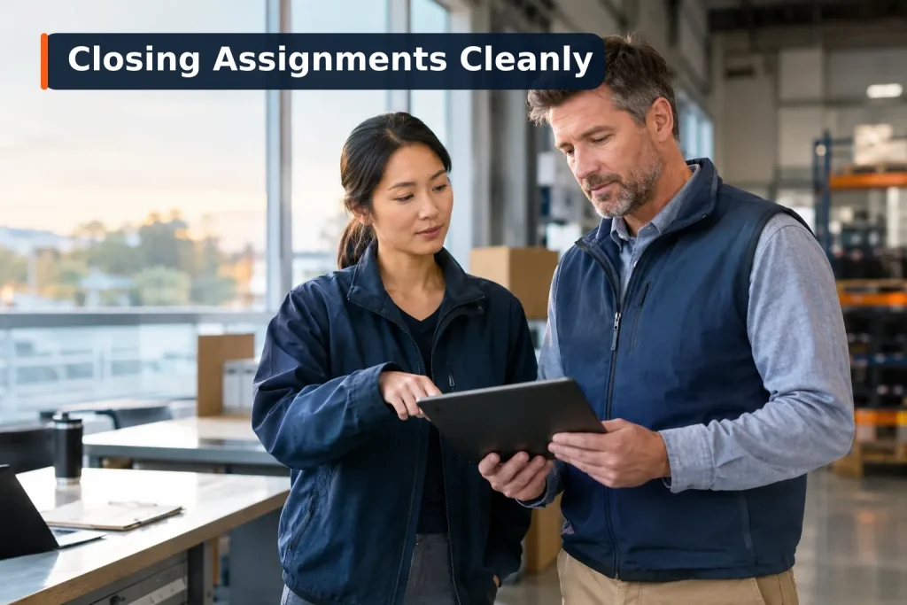 temporary employee offboarding checklist: Supervisor and temporary worker reviewing a closeout checklist at the end of an ass