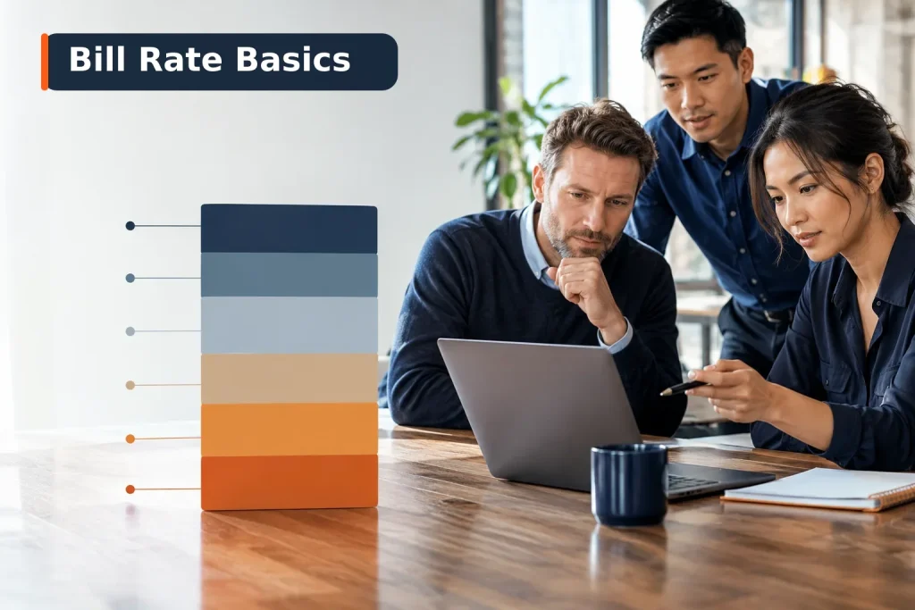 staffing agency bill rates: Illustration of layered cost components stacking up to form a single staffing bill rate