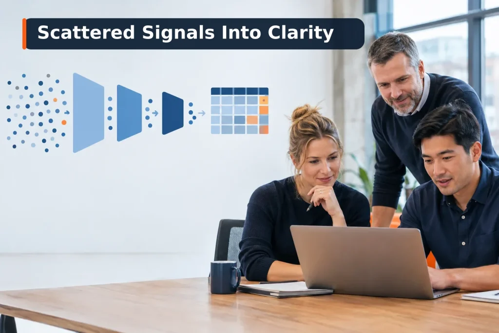 Illustration of scattered recruiting data converging into a hiring metrics scorecard